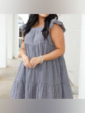 Chic Soul Ruffle Sleeve Tiered Gingham Print Dress Size 3X Black and White